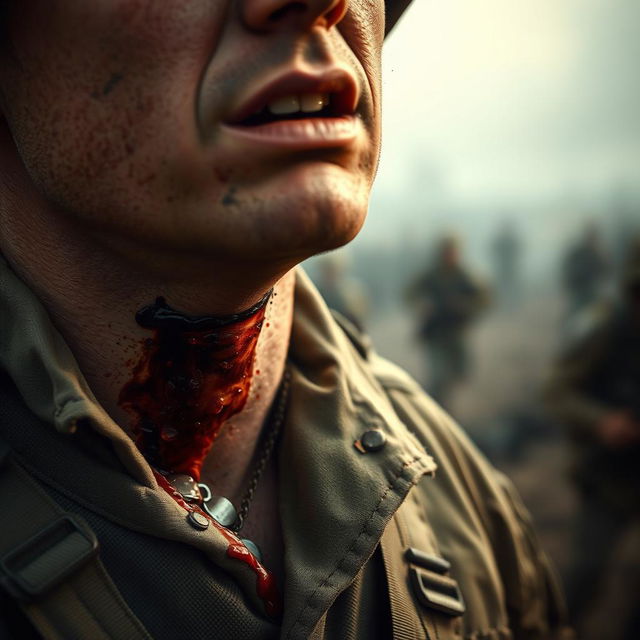 A close-up view of a soldier with a visible neck injury, showcasing the details of the wound, emphasizing the severity and realism of the scene