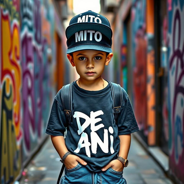 A young boy wearing urban clothing, featuring a cap with the text 'MITO' prominently displayed on the front, and a stylish t-shirt that has 'DE ANI' written on it