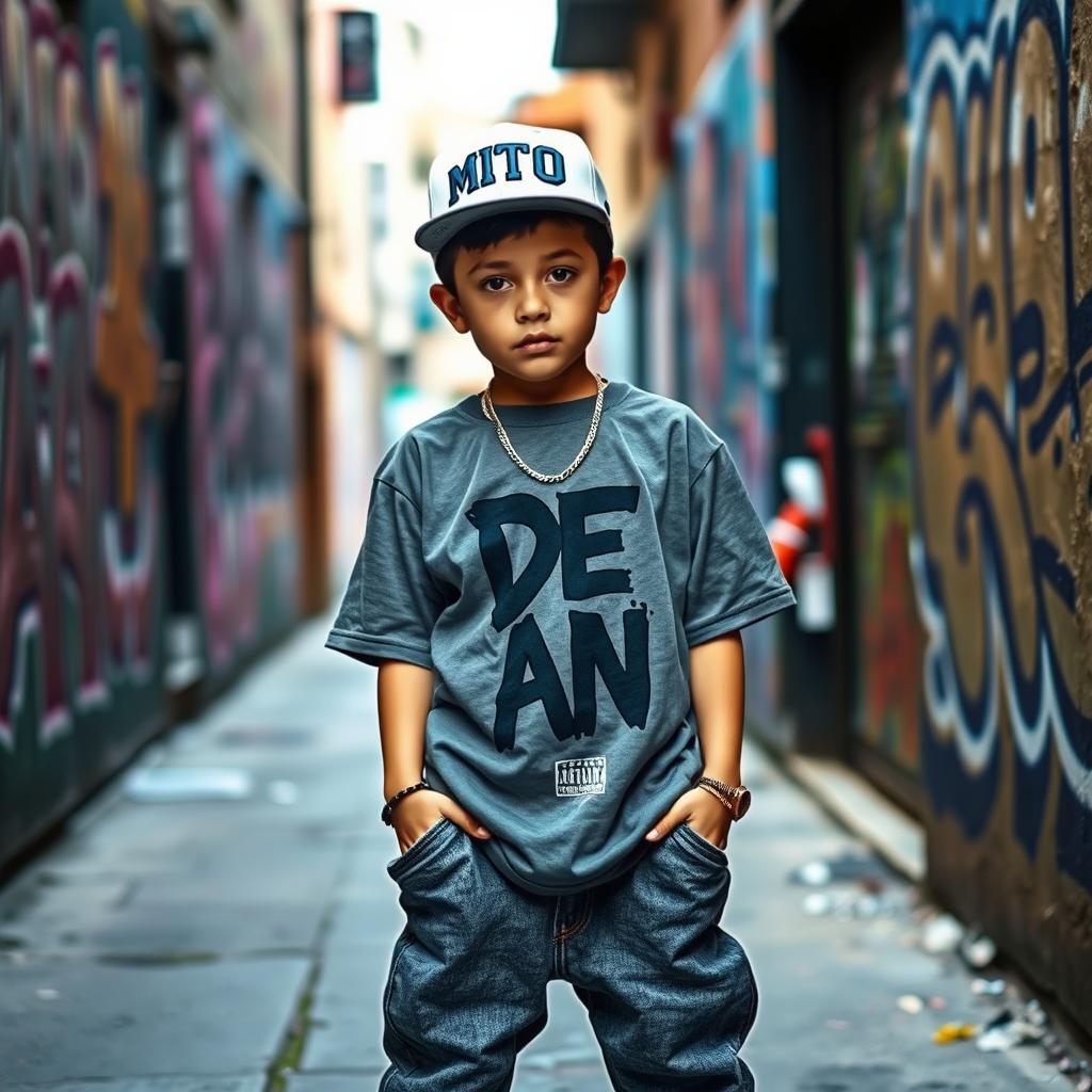 A young boy wearing urban clothing, featuring a cap with the text 'MITO' prominently displayed on the front, and a stylish t-shirt that has 'DE ANI' written on it