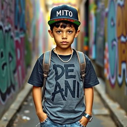 A young boy wearing urban clothing, featuring a cap with the text 'MITO' prominently displayed on the front, and a stylish t-shirt that has 'DE ANI' written on it
