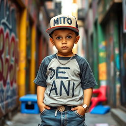 A young boy wearing urban clothing, featuring a cap with the text 'MITO' prominently displayed on the front, and a stylish t-shirt that has 'DE ANI' written on it