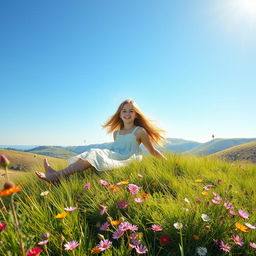 A beautifully serene landscape featuring a hillside scene with a girl of 15 years old, depicted with golden hair