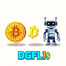 An 8-bit style digital artwork featuring three distinct objects: a shiny cryptocurrency coin, a futuristic AI robot, and a stylized text graphic that reads 'DGFL 1$'