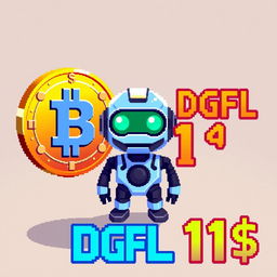 An 8-bit style digital artwork featuring three distinct objects: a shiny cryptocurrency coin, a futuristic AI robot, and a stylized text graphic that reads 'DGFL 1$'