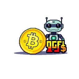 An 8-bit style digital artwork featuring three distinct objects: a shiny cryptocurrency coin, a futuristic AI robot, and a stylized text graphic that reads 'DGFL 1$'