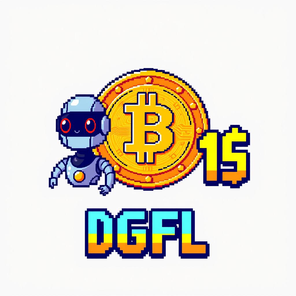 An 8-bit style digital artwork featuring three distinct objects: a shiny cryptocurrency coin, a futuristic AI robot, and a stylized text graphic that reads 'DGFL 1$'