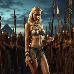 A melancholic blonde Cleopatra in a small strapless bikini, highlighting her sexy legs and curvaceous figure, stands amid a group of soldiers wielding spears