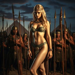 A melancholic blonde Cleopatra in a small strapless bikini, highlighting her sexy legs and curvaceous figure, stands amid a group of soldiers wielding spears