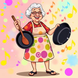 An illustration of a grandmother holding a frying pan in one hand and playing on it as if it were a drum, depicted in full length and styled in the vibrant, playful aesthetic of the game IncrediBox