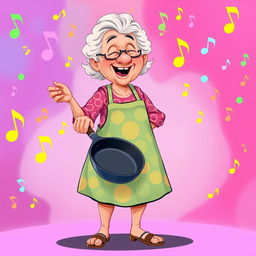 An illustration of a grandmother holding a frying pan in one hand and playing on it as if it were a drum, depicted in full length and styled in the vibrant, playful aesthetic of the game IncrediBox