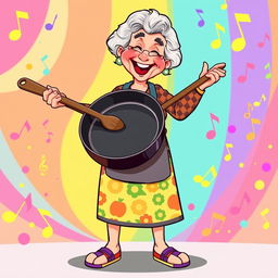 An illustration of a grandmother holding a frying pan in one hand and playing on it as if it were a drum, depicted in full length and styled in the vibrant, playful aesthetic of the game IncrediBox