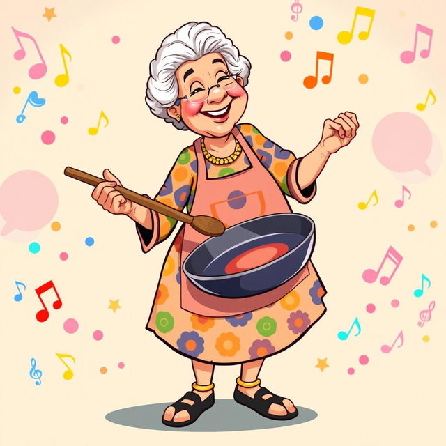 An illustration of a grandmother holding a frying pan in one hand and playing on it as if it were a drum, depicted in full length and styled in the vibrant, playful aesthetic of the game IncrediBox