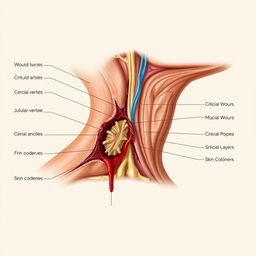 A detailed anatomical illustration of the neck showing a wound on the neck