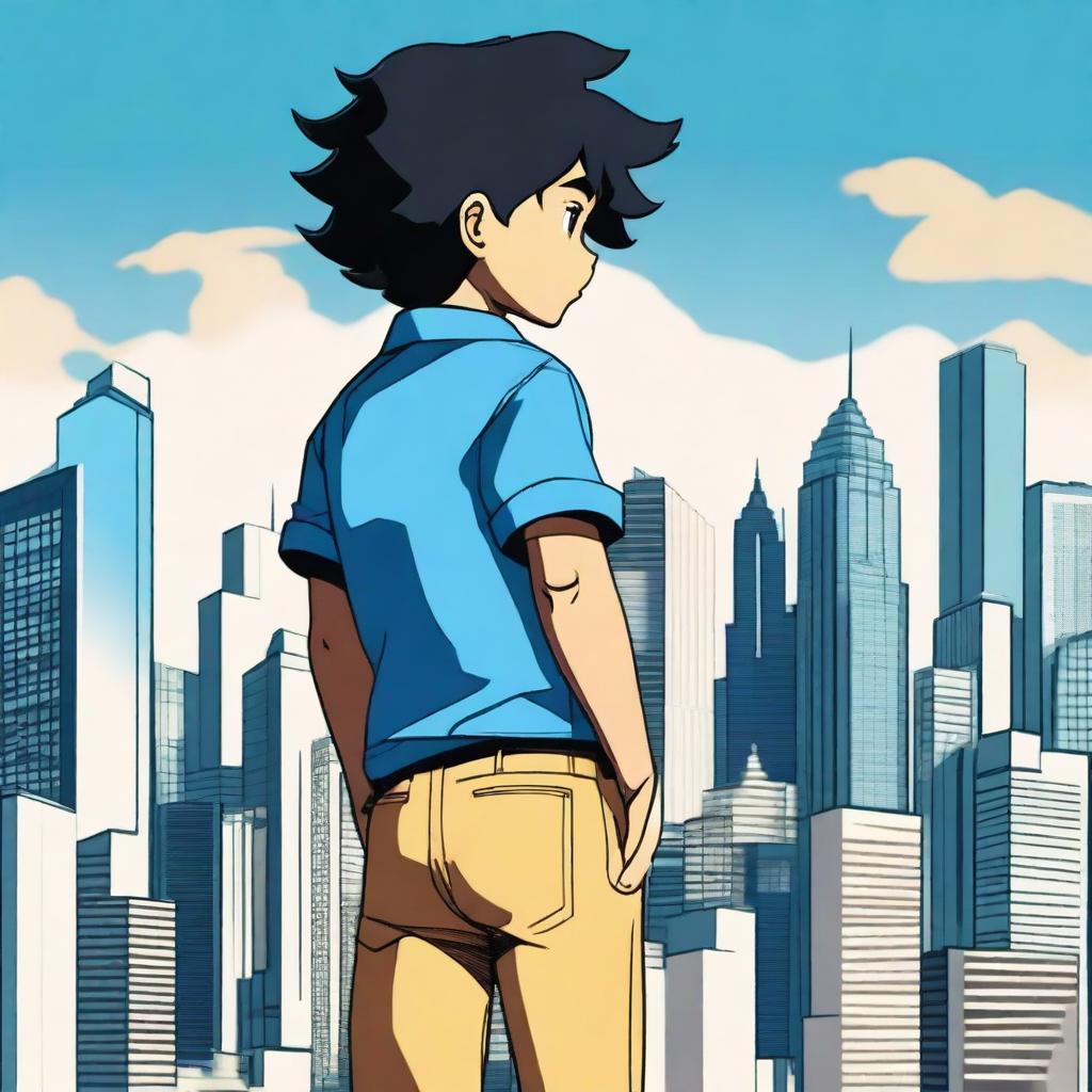 A high-resolution digital art image featuring a kid with black hair and tan skin, dressed in a blue shirt