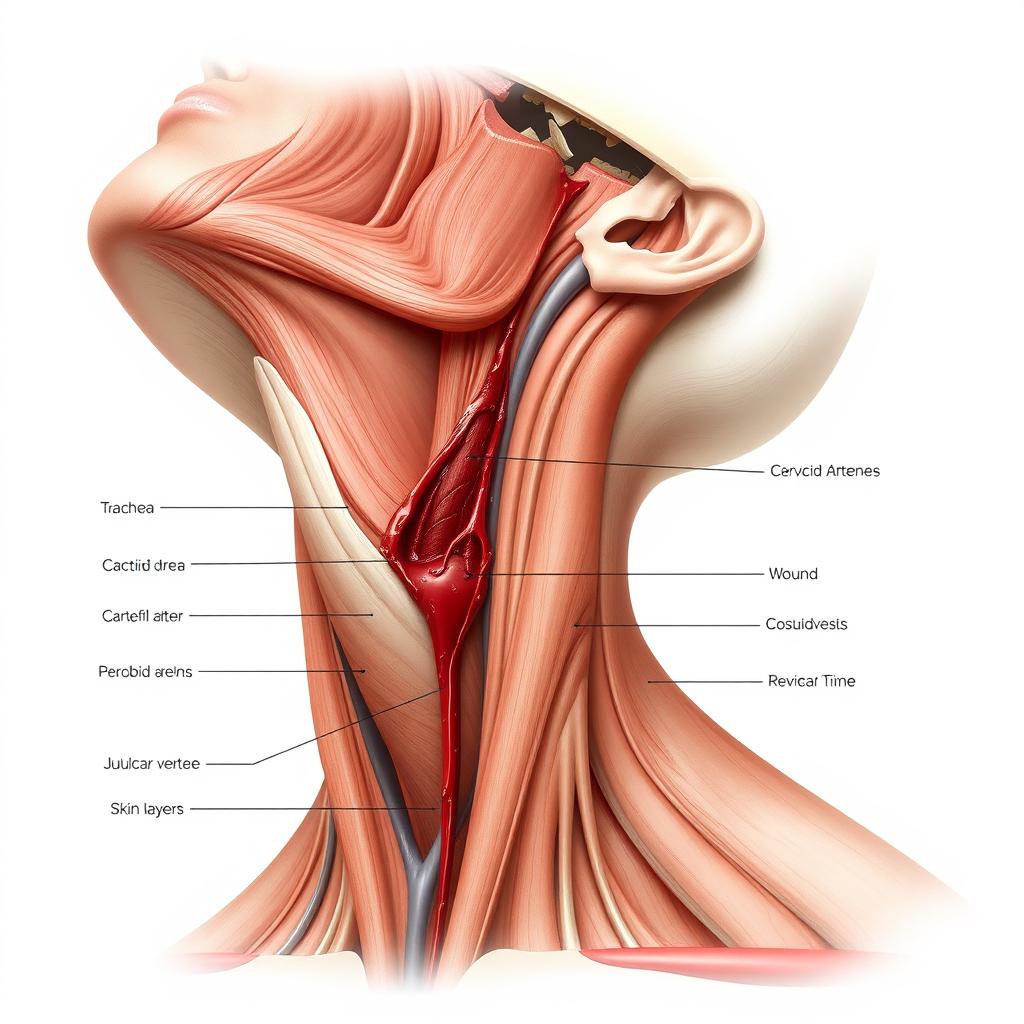 A detailed anatomical illustration of the neck showing a wound on the neck