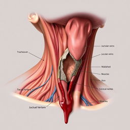 A detailed anatomical illustration of the neck showing a wound on the neck