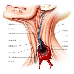A detailed anatomical illustration of the neck showing a wound on the neck