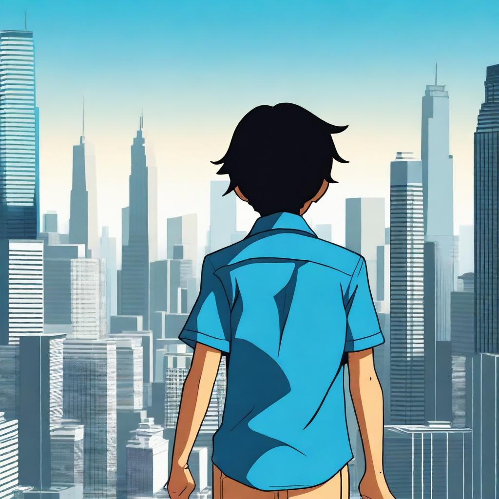 A high-resolution digital art image featuring a kid with black hair and tan skin, dressed in a blue shirt