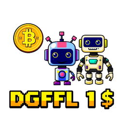An 8-bit style digital artwork featuring three distinct objects: a shiny cryptocurrency coin, a friendly AI robot, and a bold stylized text graphic that reads 'DGFL 1$'