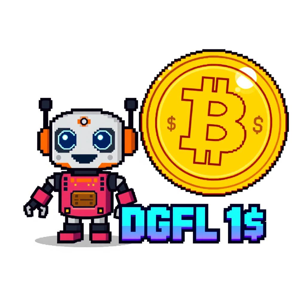 An 8-bit style digital artwork featuring three distinct objects: a shiny cryptocurrency coin, a friendly AI robot, and a bold stylized text graphic that reads 'DGFL 1$'