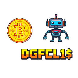 An 8-bit style digital artwork featuring three distinct objects: a shiny cryptocurrency coin, a friendly AI robot, and a bold stylized text graphic that reads 'DGFL 1$'
