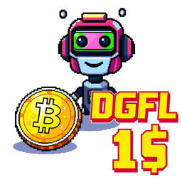 An 8-bit style digital artwork featuring three distinct objects: a shiny cryptocurrency coin, a friendly AI robot, and a bold stylized text graphic that reads 'DGFL 1$'