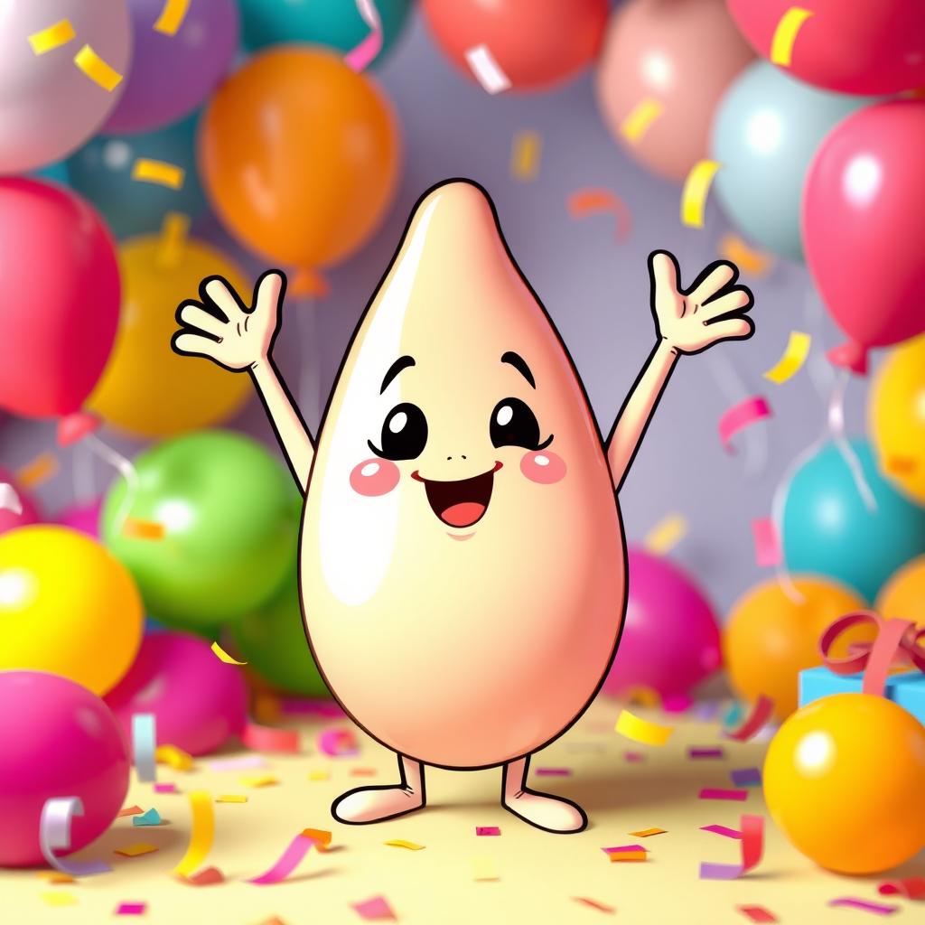 A whimsical and cartoonish representation of a happy anthropomorphic penis character, featuring a smiling face and arms raised in joy