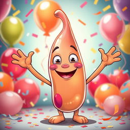 A whimsical and cartoonish representation of a happy anthropomorphic penis character, featuring a smiling face and arms raised in joy