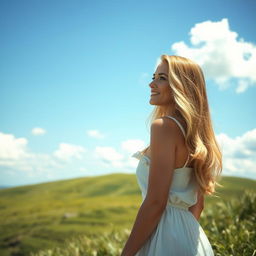 A beautiful 40-year-old woman with shining golden hair, standing on a hillside
