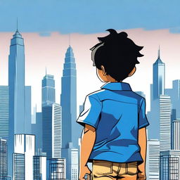 A high-resolution digital art image featuring a kid with black hair and tan skin, dressed in a blue shirt