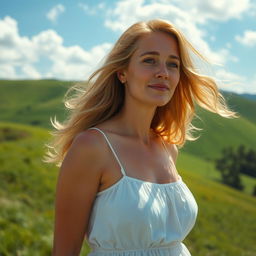 A beautiful 40-year-old woman with shining golden hair, standing on a hillside