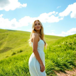 A beautiful 40-year-old woman with shining golden hair, standing on a hillside