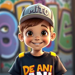 An animated child wearing urban clothing, featuring a cap with the word 'MITO' prominently displayed on the front, and a t-shirt that has 'DE ANI' written on it
