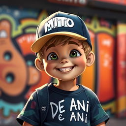 An animated child wearing urban clothing, featuring a cap with the word 'MITO' prominently displayed on the front, and a t-shirt that has 'DE ANI' written on it