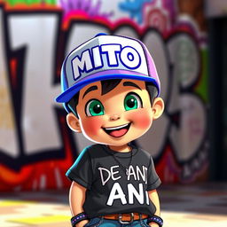 An animated child wearing urban clothing, featuring a cap with the word 'MITO' prominently displayed on the front, and a t-shirt that has 'DE ANI' written on it