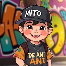 An animated child wearing urban clothing, featuring a cap with the word 'MITO' prominently displayed on the front, and a t-shirt that has 'DE ANI' written on it