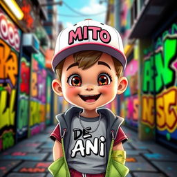 An animated child wearing trendy urban clothing, featuring a cap with the word 'MITO' displayed prominently on the front, and a t-shirt with 'DE ANI' written on it