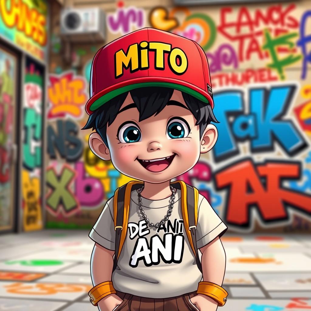 An animated child wearing trendy urban clothing, featuring a cap with the word 'MITO' displayed prominently on the front, and a t-shirt with 'DE ANI' written on it