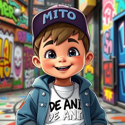 An animated child wearing trendy urban clothing, featuring a cap with the word 'MITO' displayed prominently on the front, and a t-shirt with 'DE ANI' written on it