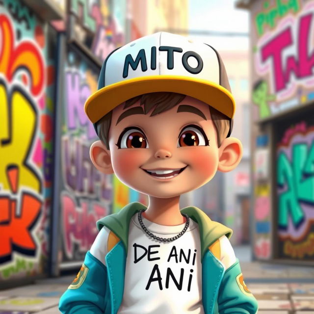 An animated child wearing trendy urban clothing, featuring a cap with the word 'MITO' displayed prominently on the front, and a t-shirt with 'DE ANI' written on it