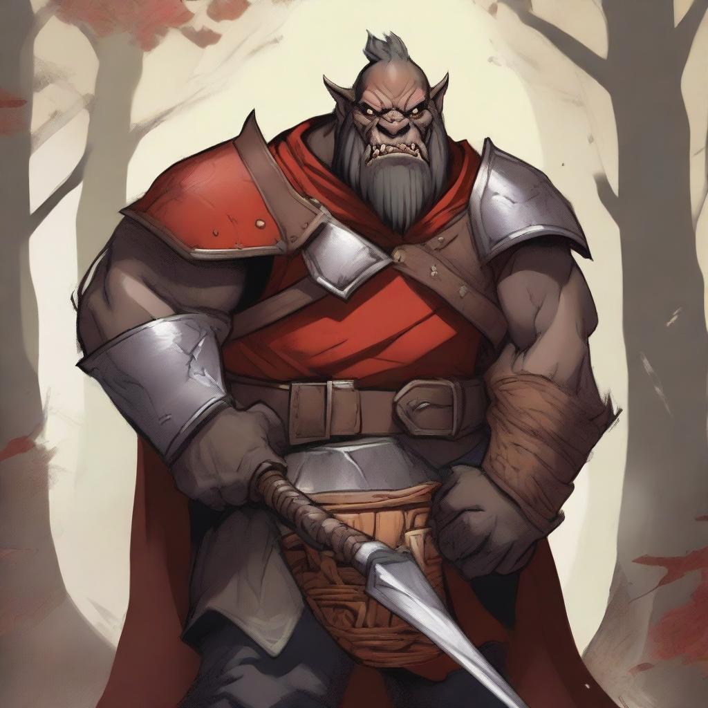 This is a high-quality digital art image featuring a tan orc with tusks, short black hair, and a light-colored beard