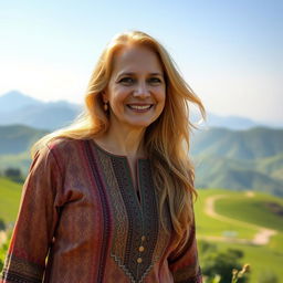 A serene hillside scene featuring a 59-year-old Pakistani woman with beautiful golden hair