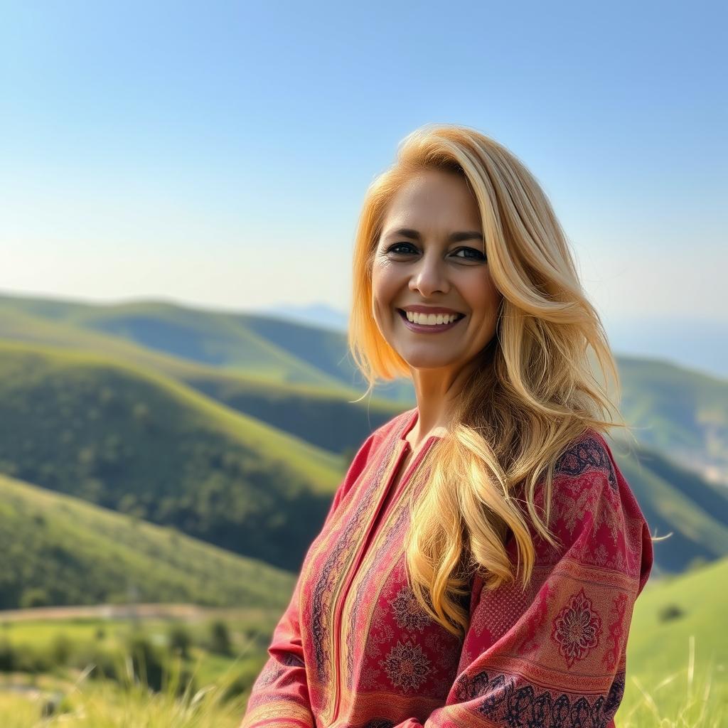 A serene hillside scene featuring a 59-year-old Pakistani woman with beautiful golden hair