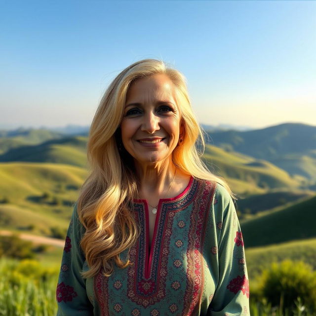 A serene hillside scene featuring a 59-year-old Pakistani woman with beautiful golden hair
