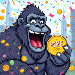 A playful and humorous cartoonish depiction of a giant gorilla, resembling King Kong, joyfully holding a shiny meme coin in one hand