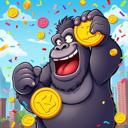 A playful and humorous cartoonish depiction of a giant gorilla, resembling King Kong, joyfully holding a shiny meme coin in one hand