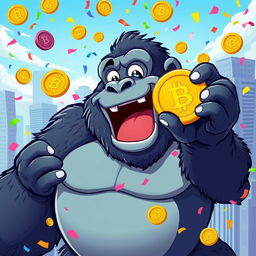 A playful and humorous cartoonish depiction of a giant gorilla, resembling King Kong, joyfully holding a shiny meme coin in one hand