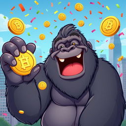 A playful and humorous cartoonish depiction of a giant gorilla, resembling King Kong, joyfully holding a shiny meme coin in one hand