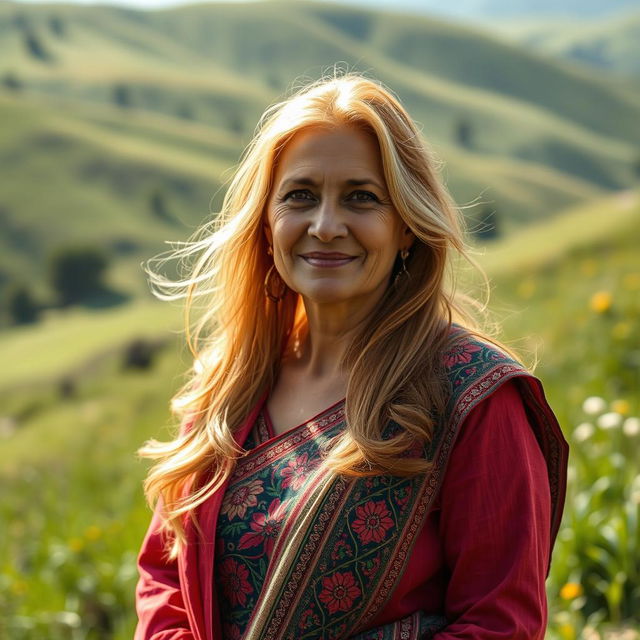 A scenic hillside portrait featuring a 50-year-old Pakistani woman with striking golden hair