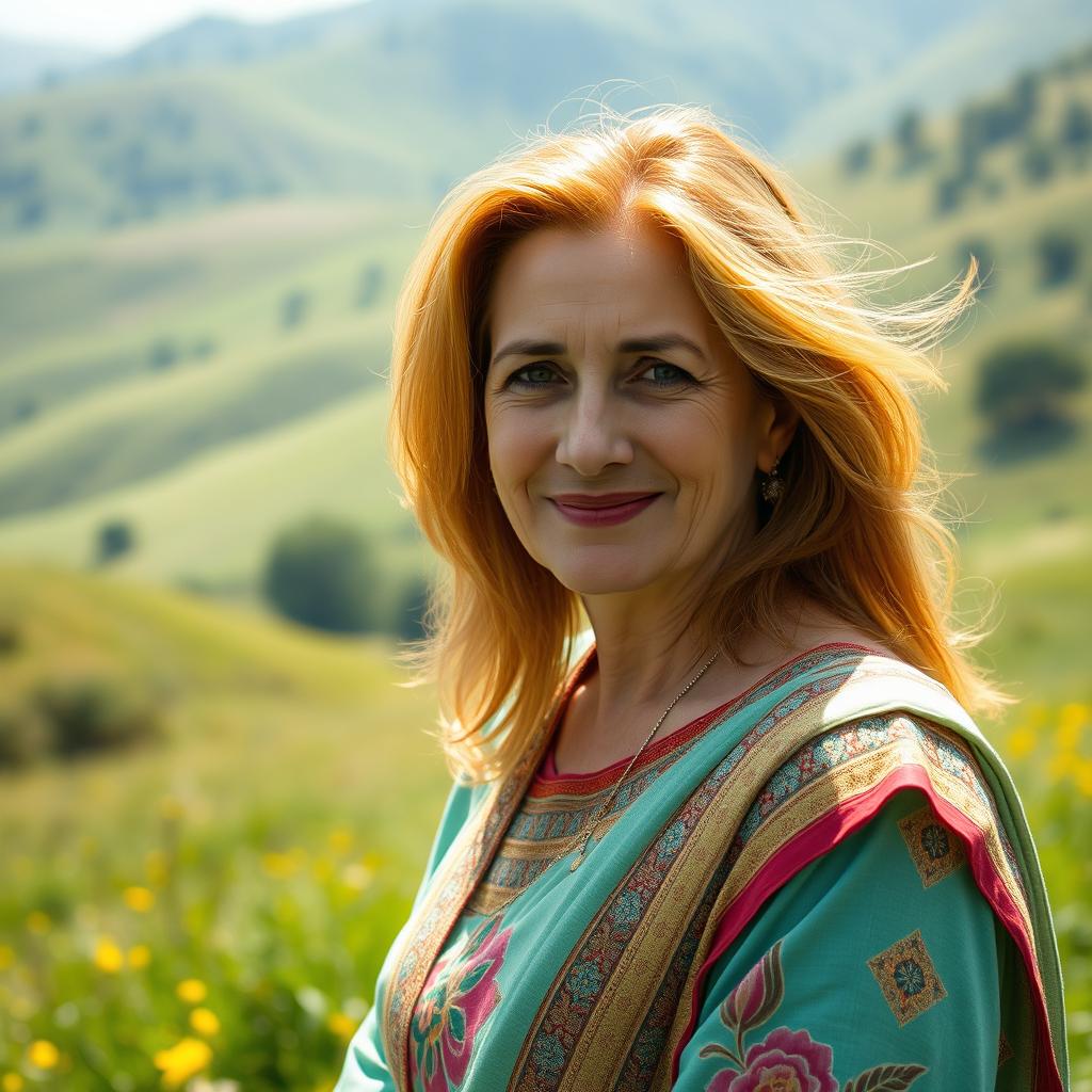 A scenic hillside portrait featuring a 50-year-old Pakistani woman with striking golden hair